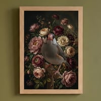文鳥・ブンチョウの花に囲まれた油絵風アート A4額装インテリア壁掛け