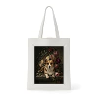 犬（コーギー）トートバッグ 花の油絵風アート キャンバス地