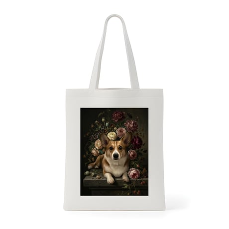 犬（コーギー）トートバッグ 花の油絵風アート キャンバス地