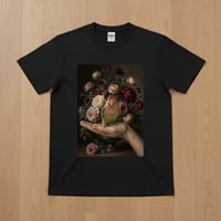 インコ（コザクラインコ）半袖Tシャツ 花の油絵風アート ブラック 男女兼用