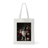 犬（ボストンテリア）トートバッグ 花の油絵風アート キャンバス地