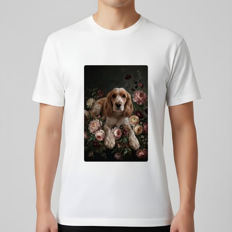 犬（コッカースパニエル）半袖Tシャツ 花の油絵風アート ホワイト 男女兼用