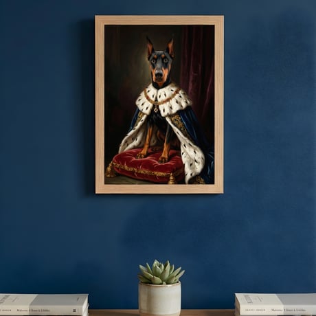 犬（ドーベルマン）のルネサンス風肖像画 油絵風アートA4額装インテリア壁掛け