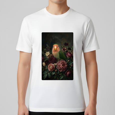 インコ（コザクラインコ）半袖Tシャツ 花の油絵風アート ホワイト 男女兼用