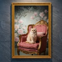 猫（ペルシャ猫）のロココ調シャビーピンクアート A4金縁額装インテリア壁掛け