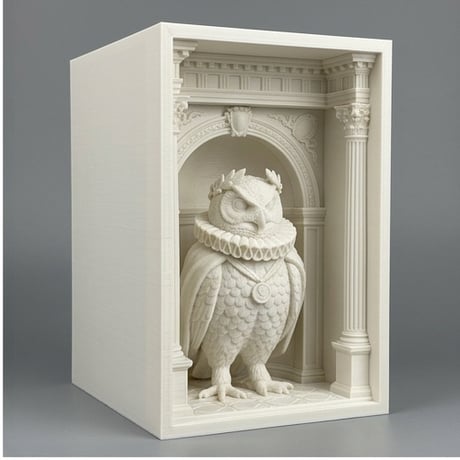 ベンガルワシミミズクの3Dプリント ブックヌーク 白PLA 本棚インテリア