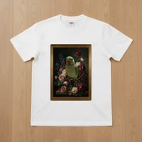 インコ（インドオオハナインコ）半袖Tシャツ 花の油絵風アート ホワイト 男女兼用