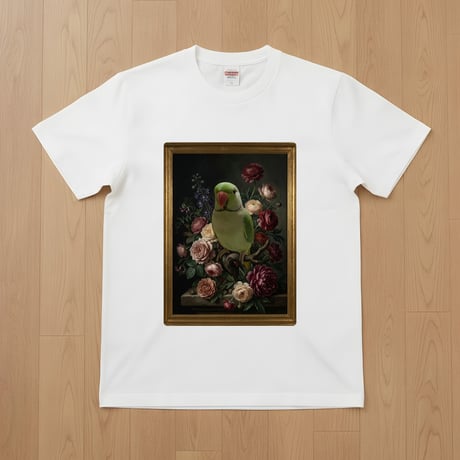 インコ（インドオオハナインコ）半袖Tシャツ 花の油絵風アート ホワイト 男女兼用