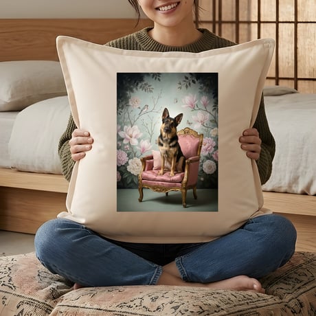 犬（ジャーマンシェパード）クッション 45cm ロココ調シャビーピンクアート