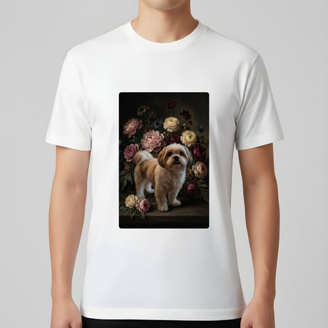 犬（シーズー）半袖Tシャツ 花の油絵風アート ホワイト 男女兼用