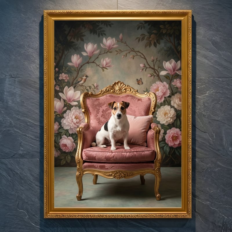 犬（ジャックラッセルテリア）のロココ調アート A4金縁額装インテリア