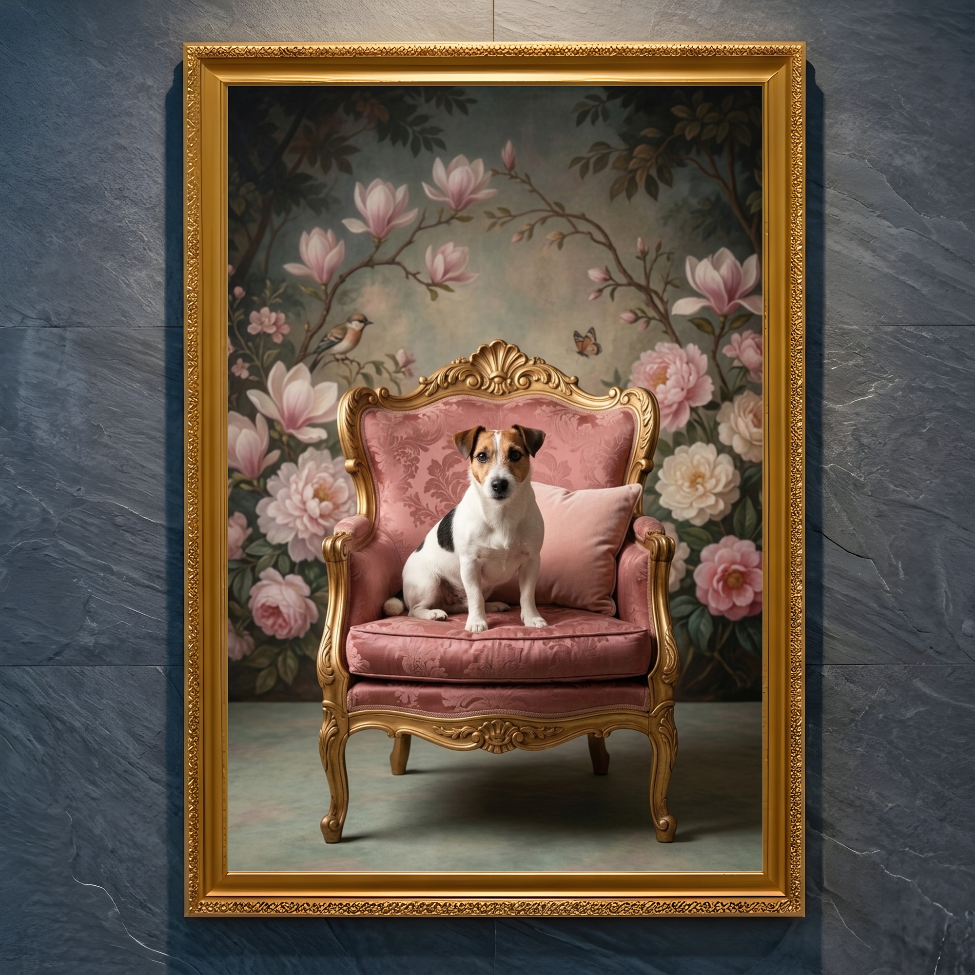 犬（ジャックラッセルテリア）のロココ調アート A4金縁額装インテリア