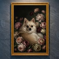 犬（ポメラニアン）の花に囲まれた油絵風アート A4金縁額装インテリア壁掛け