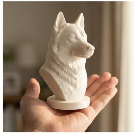 犬（シベリアンハスキー）の3Dプリント胸像 白PLA 彫刻 置物 インテリア
