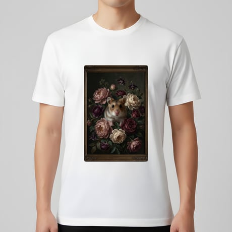 ロボロフスキーハムスター半袖Tシャツ 花の油絵風アート ホワイト 男女兼用