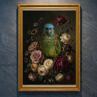 インコ（アオボウシインコ）の花の油絵風アート A4金縁額装インテリア壁掛け