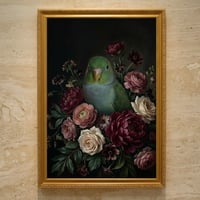 インコ（サザナミインコ）の花に囲まれた油絵風アート A3額装インテリア壁掛け