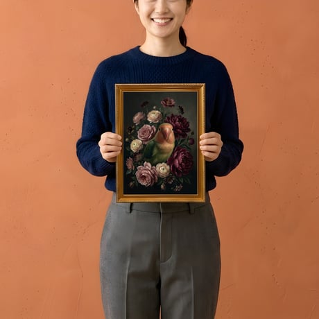 インコ（コザクラインコ）の花に囲まれた油絵風アート A4金縁額装インテリア壁掛け