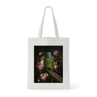 インコ（アオボウシインコ）トートバッグ 花の油絵風アート キャンバス地