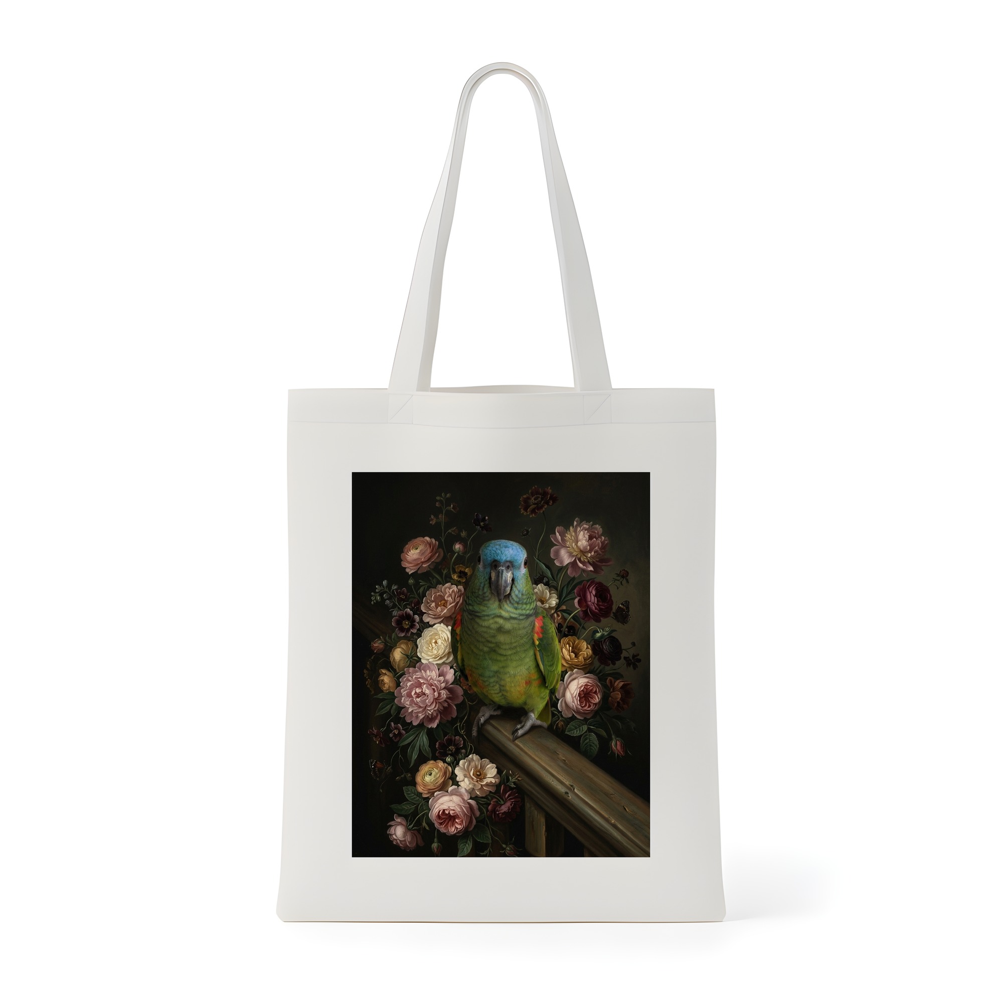 インコ（アオボウシインコ）トートバッグ 花の油絵風アート キャンバス