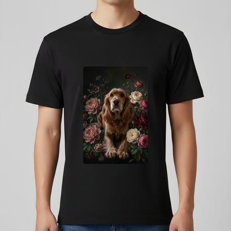 犬（コッカースパニエル）半袖Tシャツ 花の油絵風アート ブラック 男女兼用