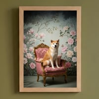 犬（秋田犬）のロココ調シャビーピンクアート A4額装インテリア壁掛け