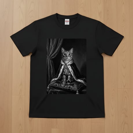 猫半袖Tシャツ ルネサンス風モノクロアート ブラック 男女兼用