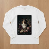 シェットランドシープドッグ長袖Tシャツ 花の油絵風アート ホワイト 男女兼用