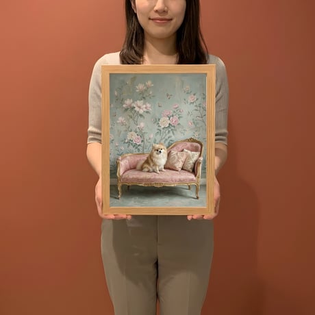 犬（ポメラニアン）のロココ調シャビーピンクアート A4額装インテリア壁掛け