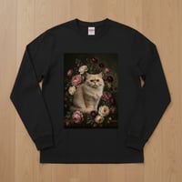 猫（チンチラペルシャ）長袖Tシャツ 花の油絵風アート ブラック 男女兼用