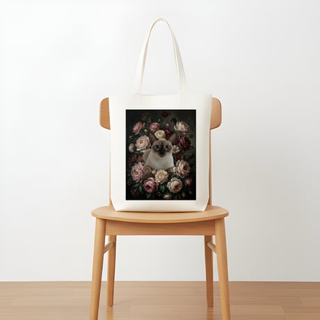 猫（シャム猫）トートバッグ 花の油絵風アート キャンバス地