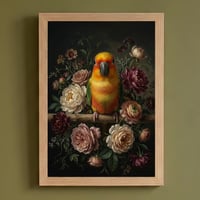 インコ（ナナイロメキシコインコ）の花の油絵風アート A4額装インテリア壁掛け