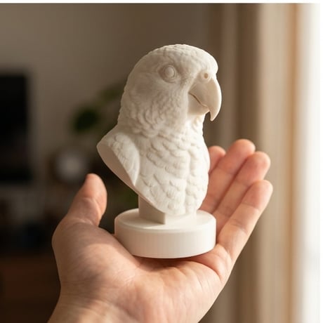 インコ（メイヤーズパロット）の3Dプリント胸像 白PLA 彫刻 置物 インテリア