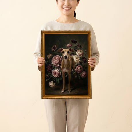 犬（イタリアングレーハウンド）の花の油絵風アート A3額装インテリア壁掛け