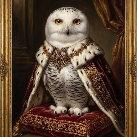 シロフクロウのルネサンス風肖像画 油絵風アートA4額装インテリア壁掛け