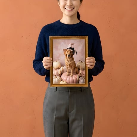 犬（ゴールデンレトリバー）のハロウィン限定アート A4金縁額装インテリア壁掛け
