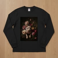 猫（スフィンクス）長袖Tシャツ 花の油絵風アート ブラック 男女兼用