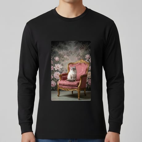 猫（ラグドール）長袖Tシャツ ロココ調シャビーピンク ブラック 男女兼用