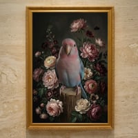 インコ（アキクサインコ）の花に囲まれた油絵風アート A3額装インテリア壁掛け
