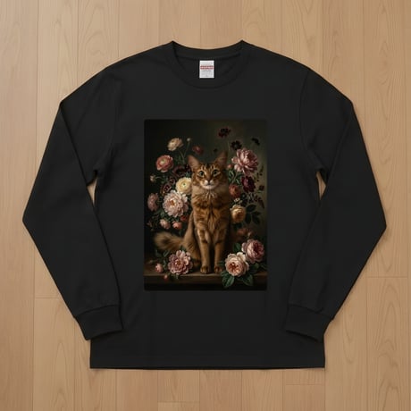 猫（ソマリ）長袖Tシャツ 花の油絵風アート ブラック 男女兼用