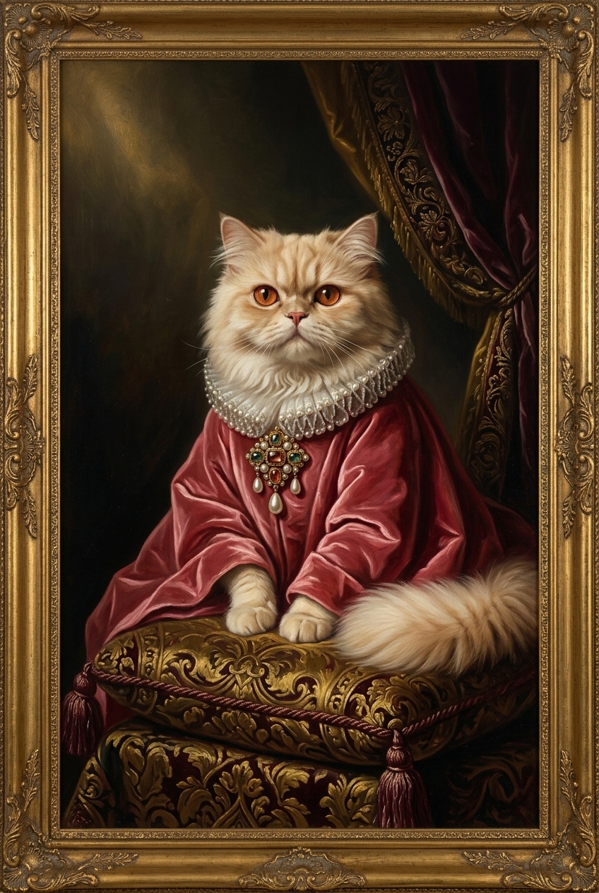 猫（ペルシャ猫）のルネサンス風肖像画 油絵風アートA4金縁額装