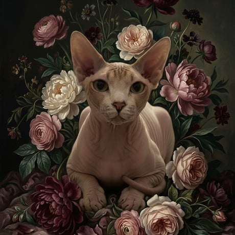 猫（スフィンクス）の花に囲まれた油絵風アート A4金縁額装インテリア壁掛け