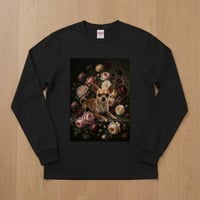 犬（チワワ）長袖Tシャツ 花の油絵風アート ブラック 男女兼用