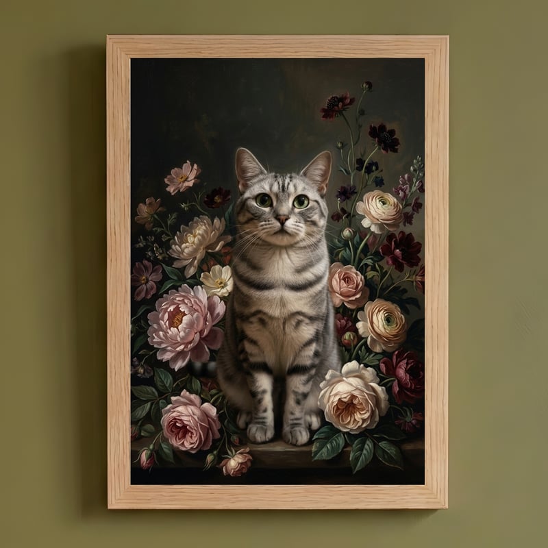 猫（アメリカンショートヘア）の花に囲まれた油絵風アート A3額装インテリア壁掛け 猫（アメリカンショートヘア）の花に囲まれた油絵風アート A4額装