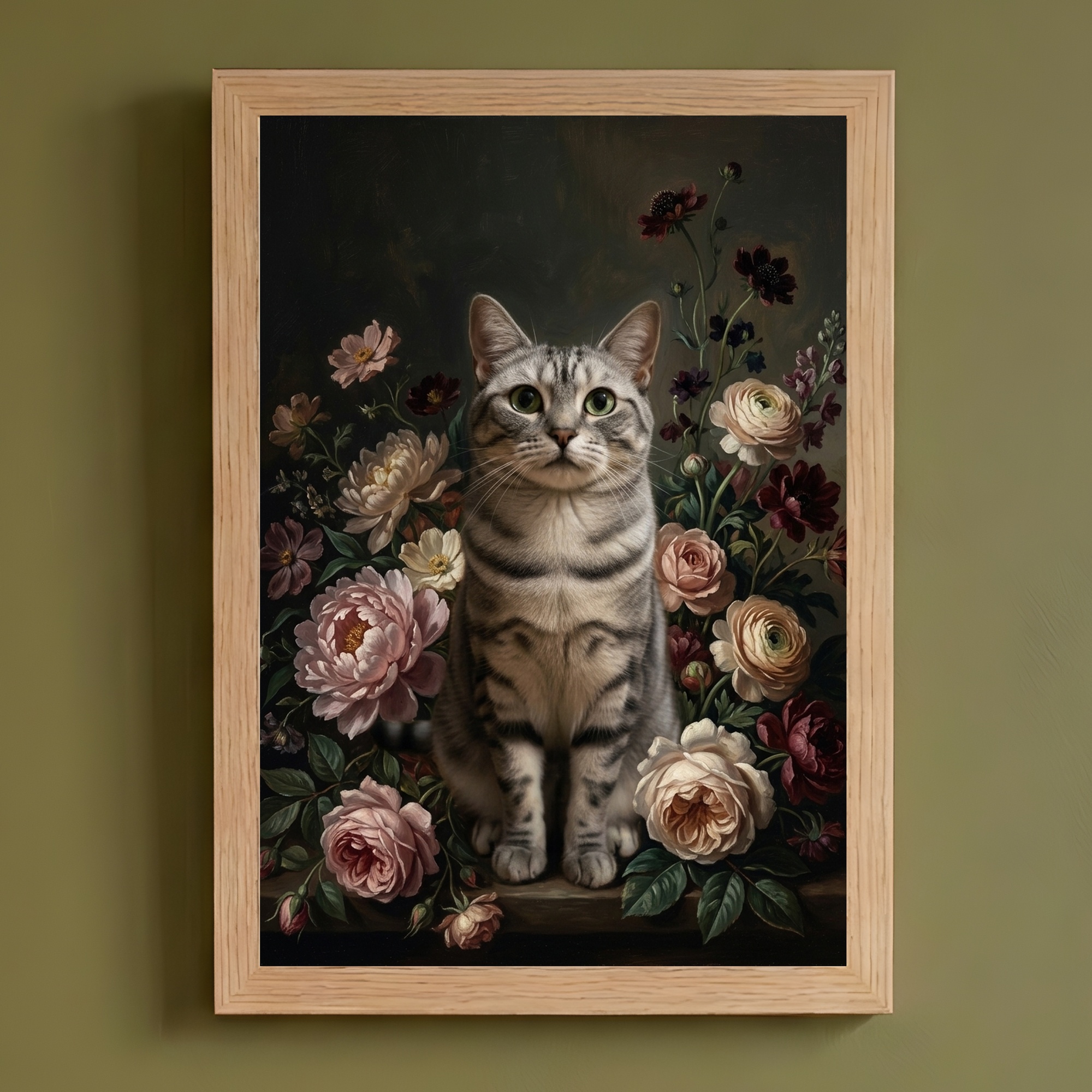 猫（アメリカンショートヘア）の花に囲まれた油絵風アート A4額装