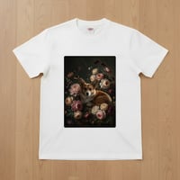 犬（コーギー）半袖Tシャツ 花の油絵風アート ホワイト 男女兼用