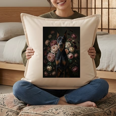 犬（ドーベルマン）クッション 45cm 花の油絵風カラーアート