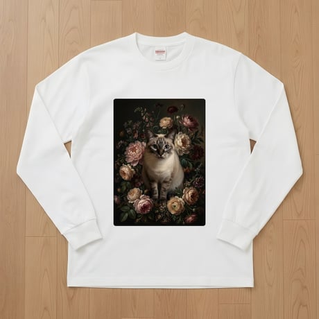 猫（シャム猫）長袖Tシャツ 花の油絵風アート ホワイト 男女兼用