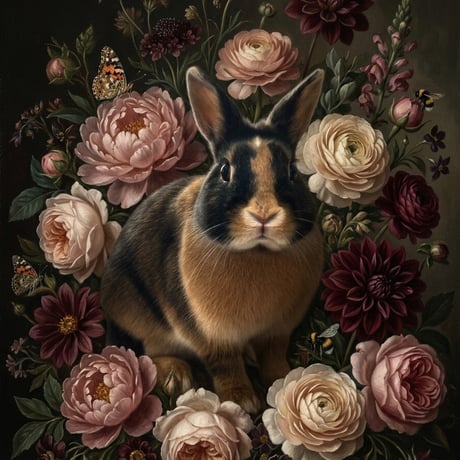 うさぎ（ハーレクイン）の花に囲まれた油絵風アート A4額装インテリア壁掛け