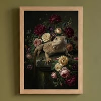 イグアナ（サバクイグアナ）の花に囲まれた油絵風アート A4額装インテリア壁掛け